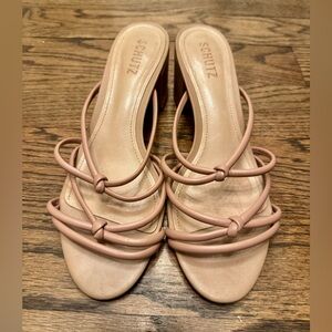 Schutz Leather Strappy Block Heel Mules 8.5 Nude